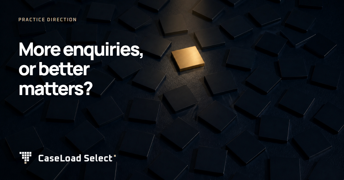 More enquiries, or better matters? CaseLoad Select article artwork with one gold square among dark squares.