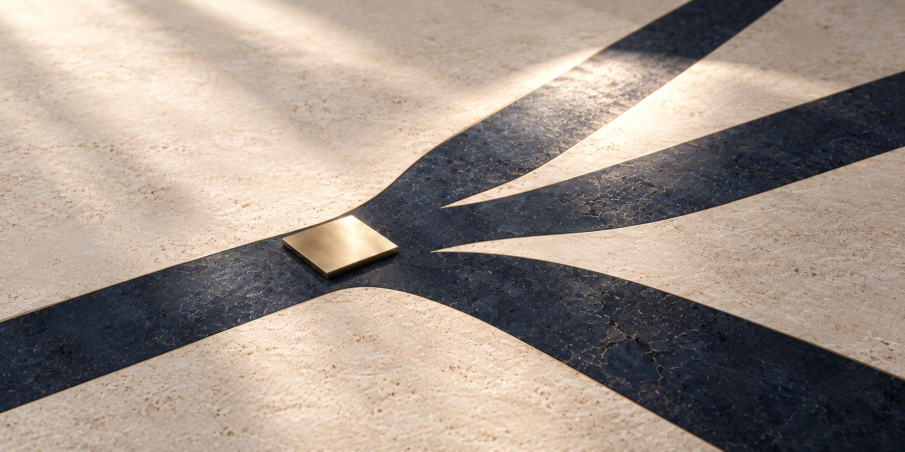 Branching navy paths cross a pale limestone surface. A gold square sits at their junction and light reveals one route.